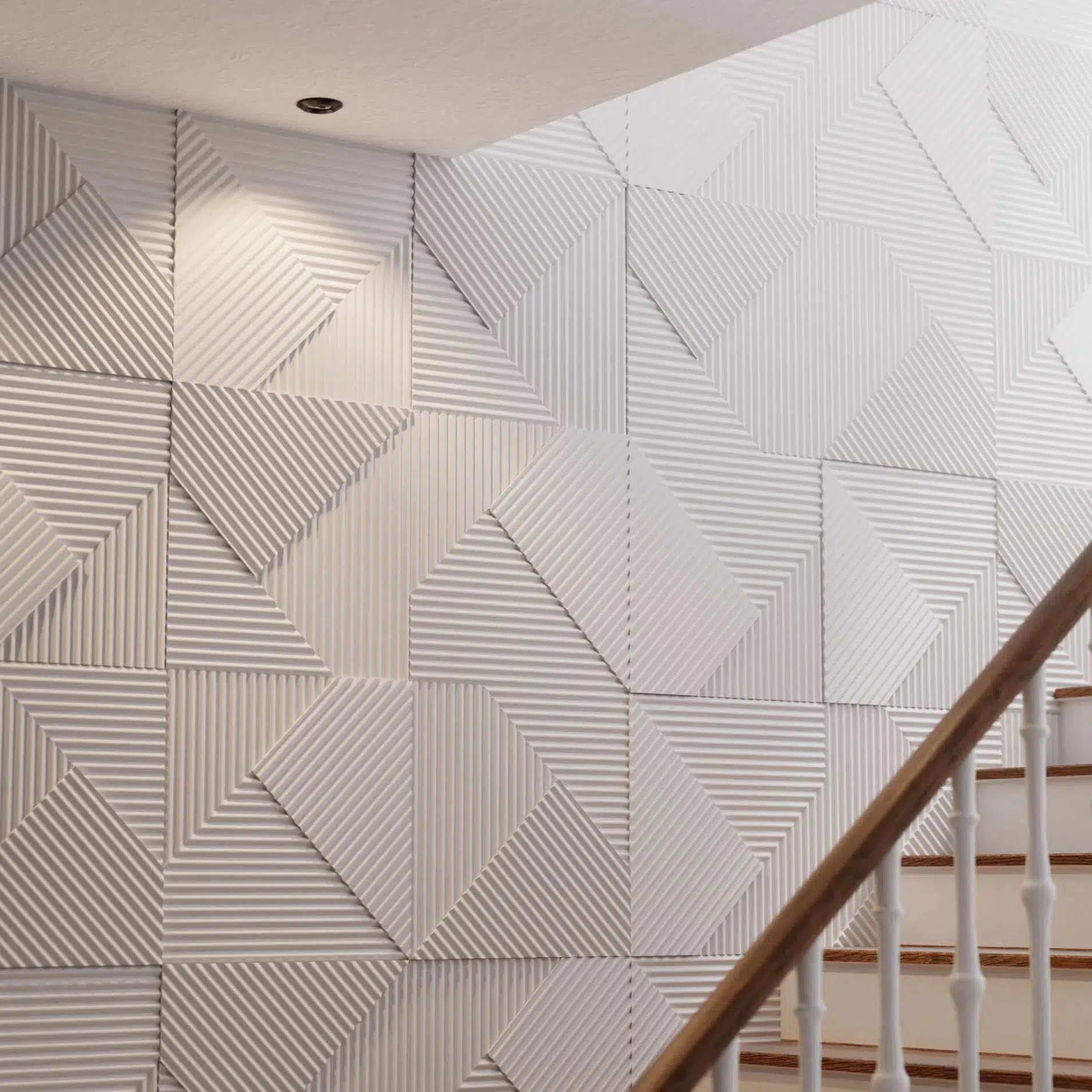 STRIPES 3D Decorative Wall Panels - Polystyrene in a hallway with a staircase | DecorMania UK
