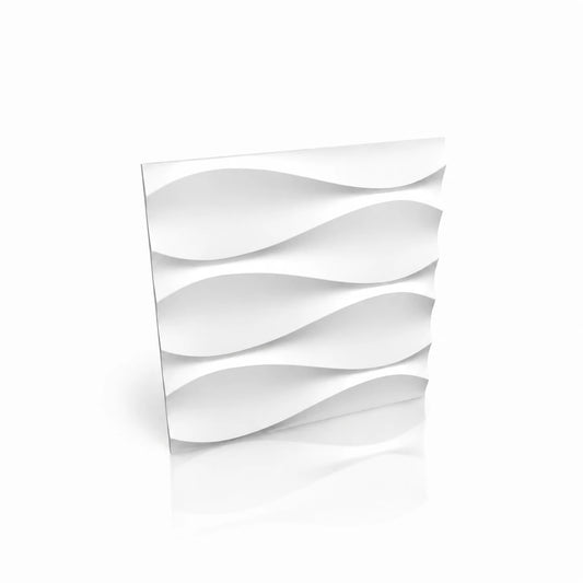 White 3D polystyrene wall panel with a flowing horizontal wave design.

