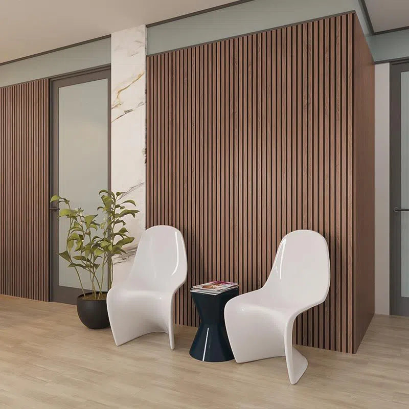 Sapelli Acoustic Wood Slat Wall Panel in sitting room area Decormania UK