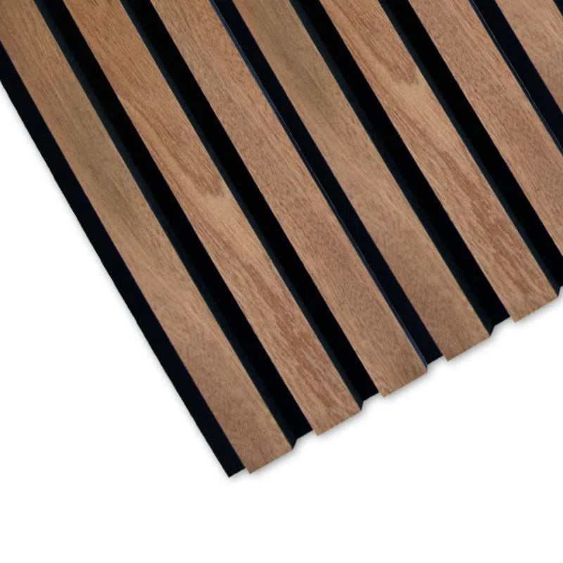Sapelli Acoustic Wood Slat Wall Panel closeup on white background Decormania UK