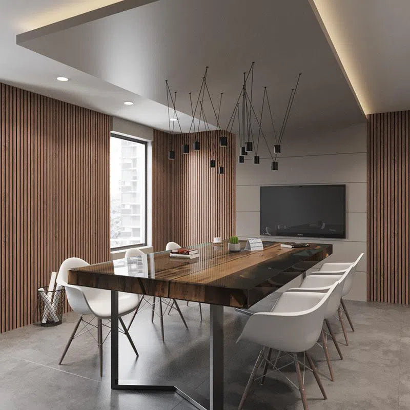 Sapelli Acoustic Wood Slat Wall Panel in dining room interior Decormania UK