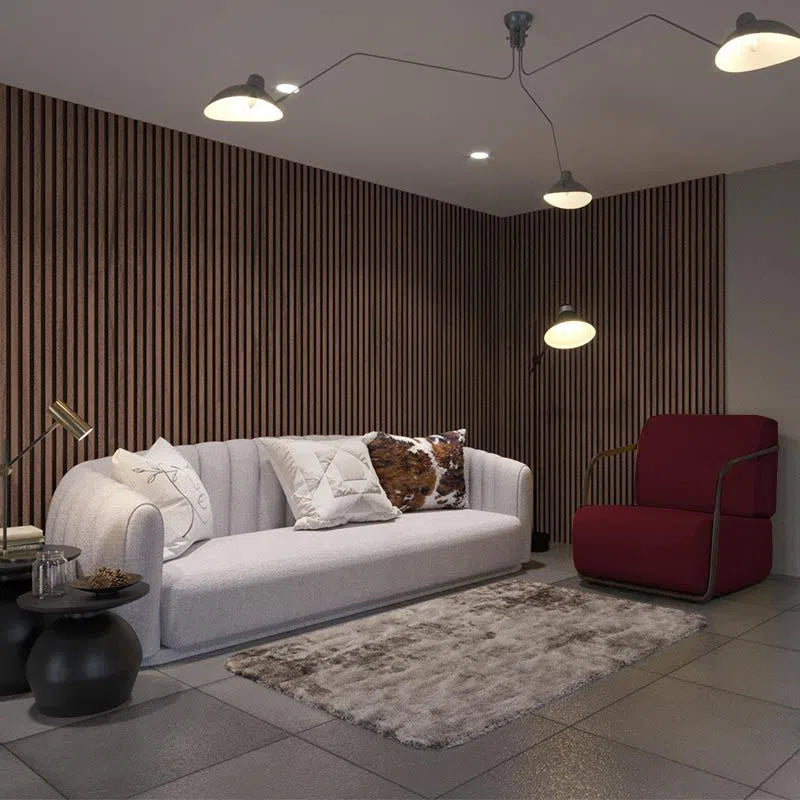 Sapelli Acoustic Wood Slat Wall Panel in living room interior Decormania UK