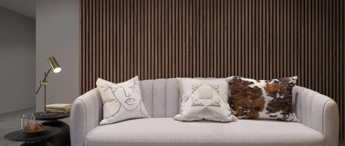 Sapelli Acoustic Wood Slat Wall Panel in living room interior Decormania UK