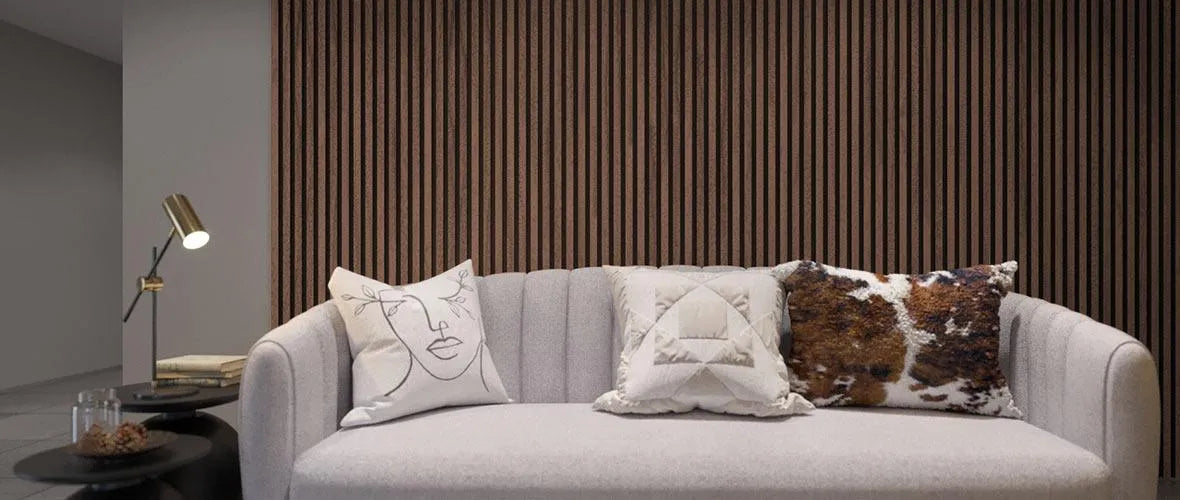 Sapelli Wood Slat Wall Panelling with couch 300x60 cm DecorMania UK