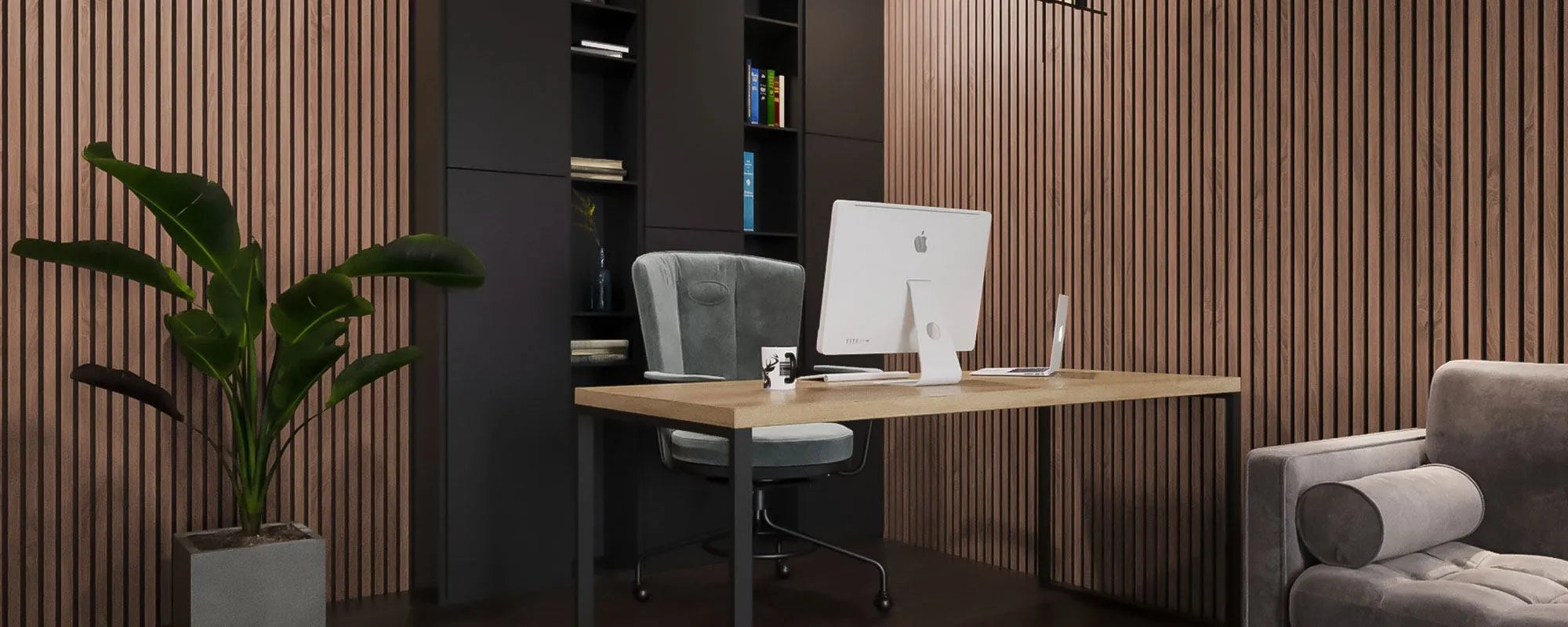 Sapelli Wood Slat Wall Panelling in office interior 300x60 cm DecorMania UK