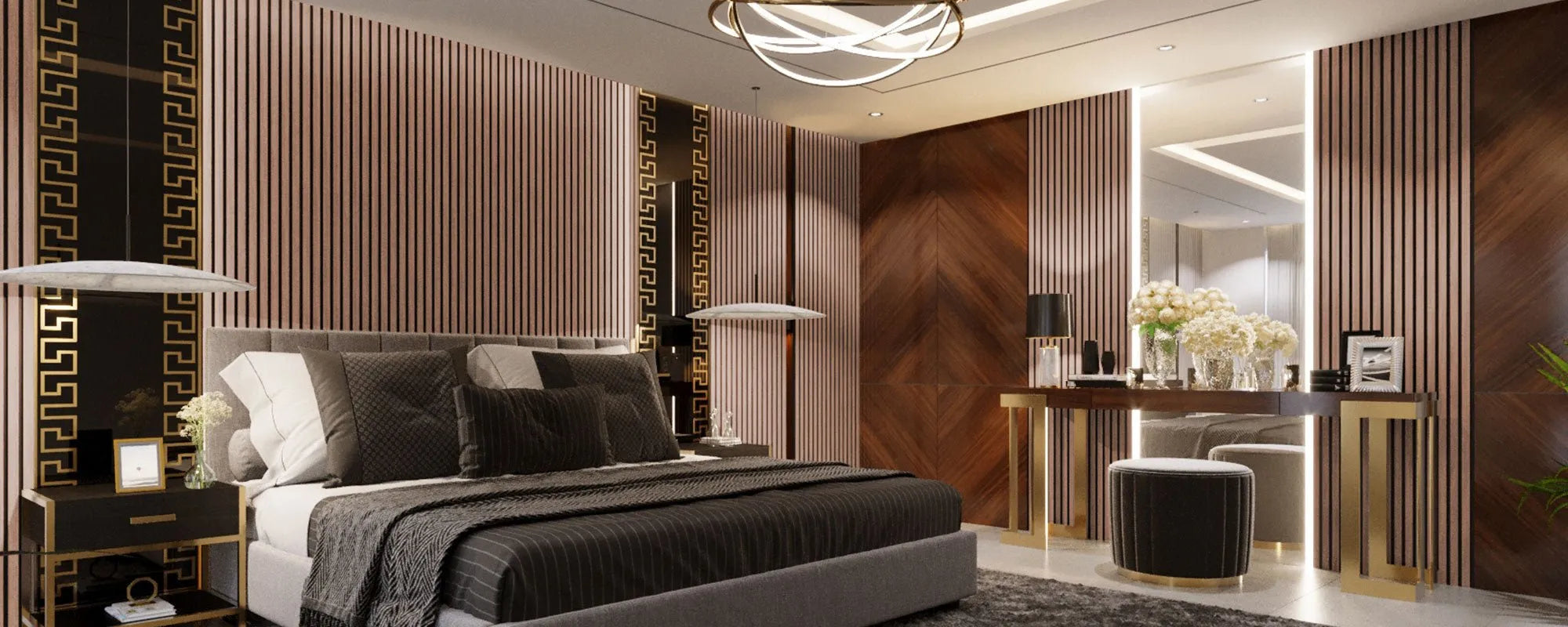 Sapelli Wood Slat Wall Panelling bedroom interior 300x60 cm DecorMania UK
