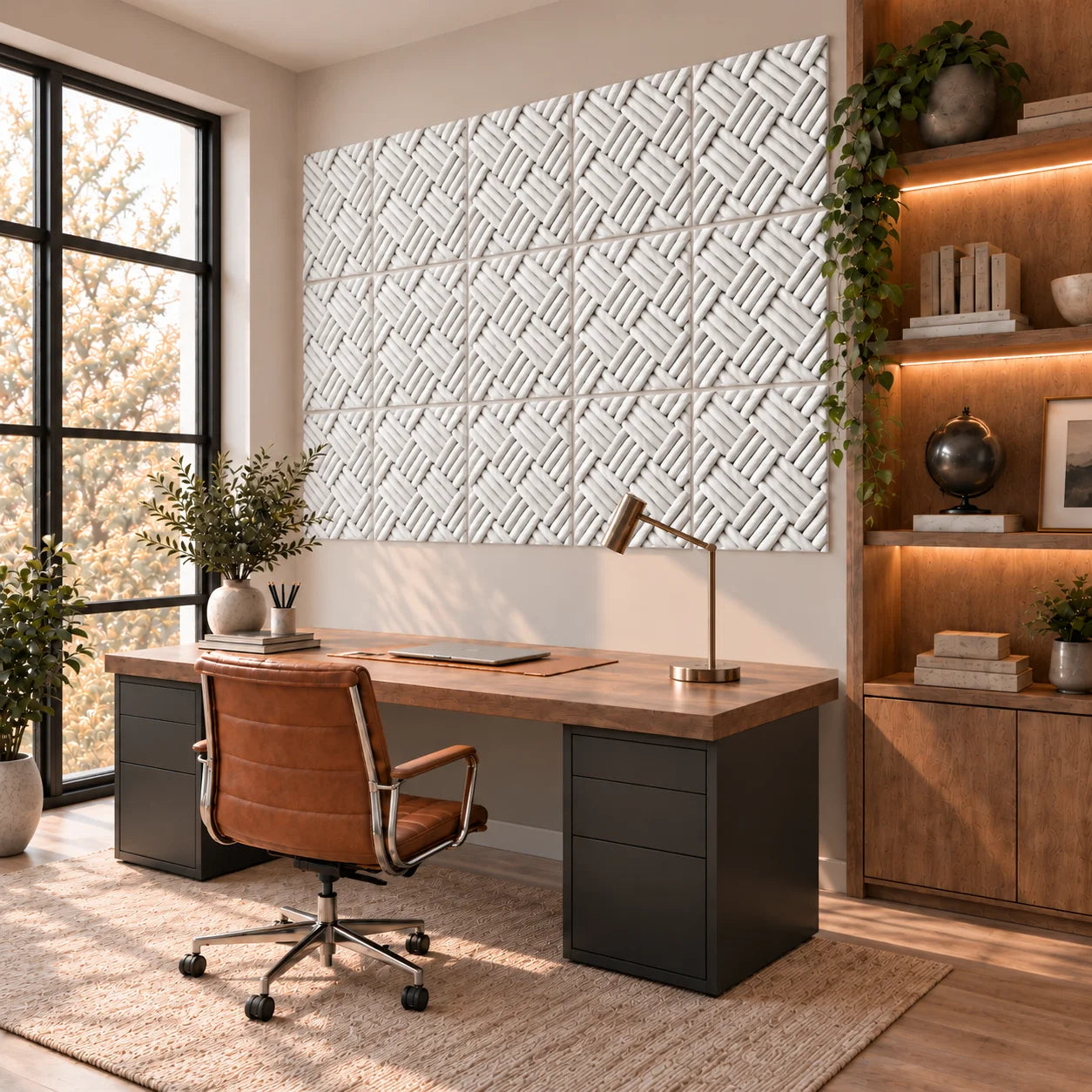 Shetland gypsum 3D wall panels  installed in a modern home office with warm wood furniture