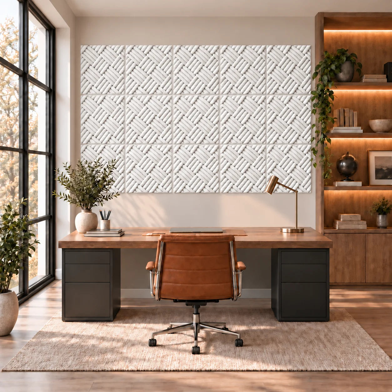 Shetland gypsum 3D wall panels  shown on a feature wall in a bright contemporary home office