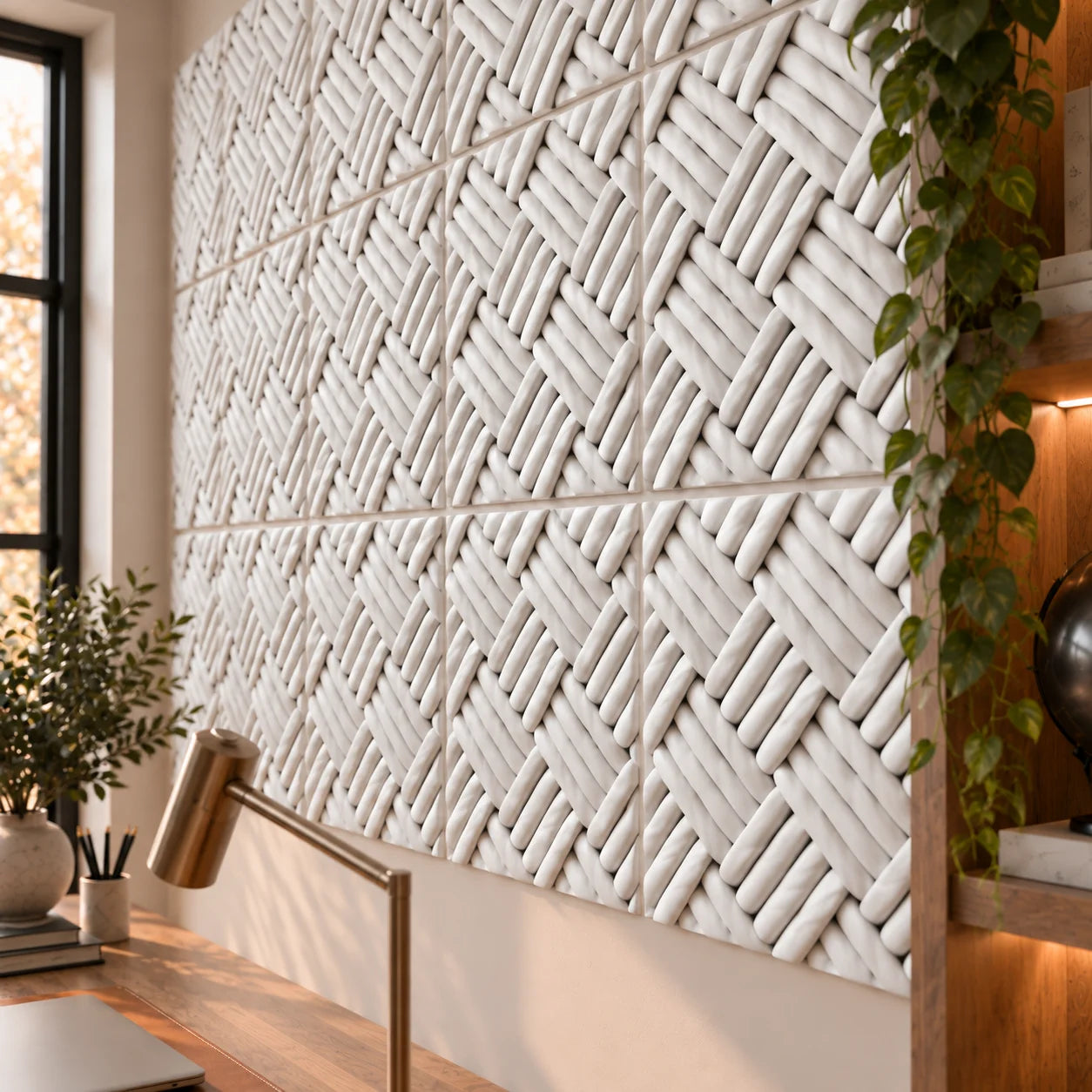 Close up of Shetland gypsum 3D wall panels showing the detailed woven relief and white gypsum texture
