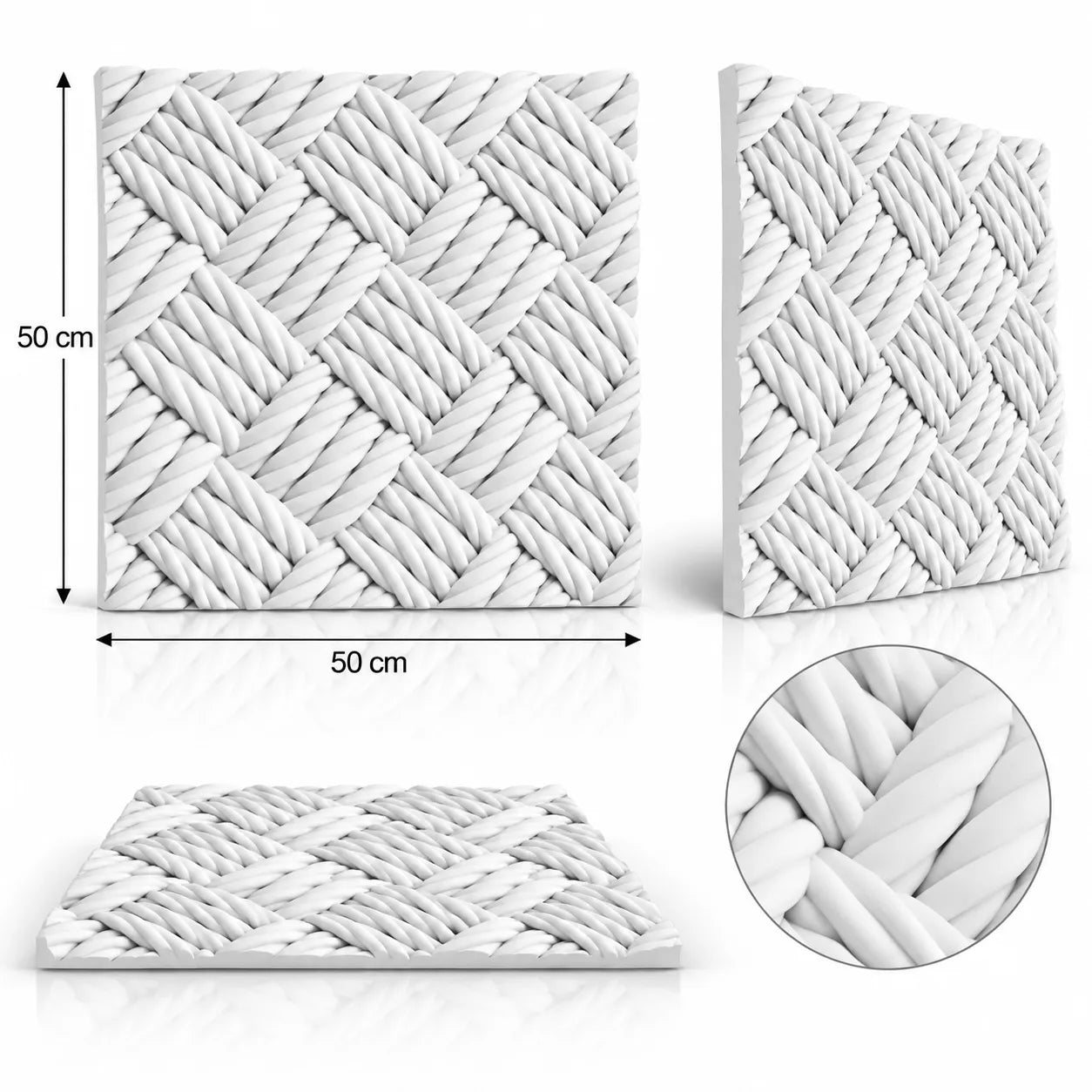 Shetland 3D gypsum wall panel shown from several angles, with 50 cm by 50 cm dimensions and a close detail of the relief