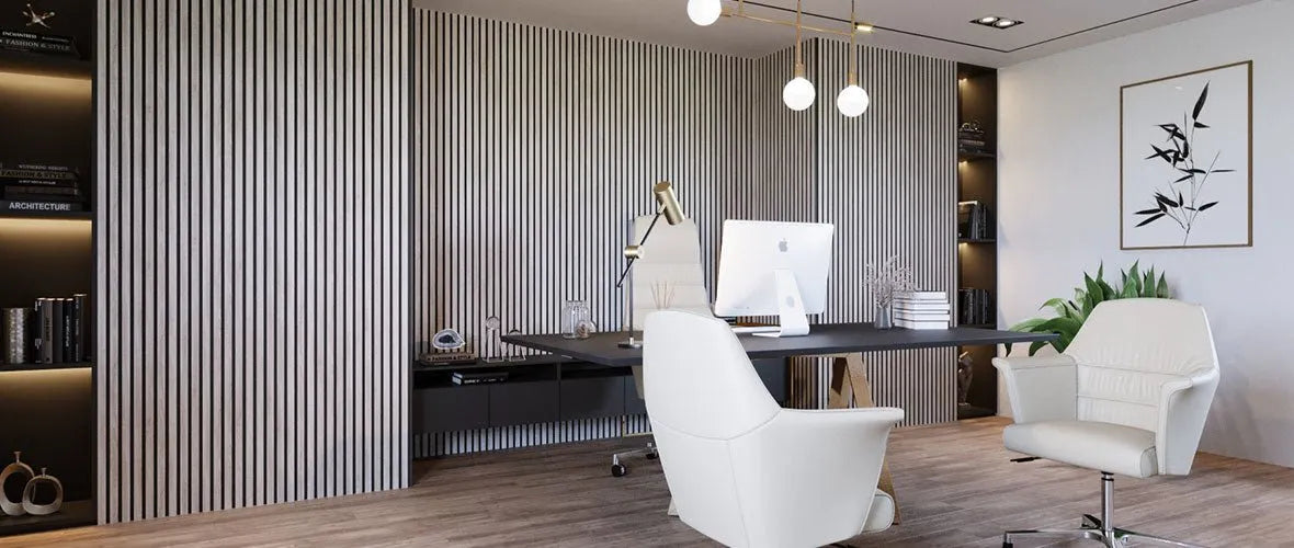 Siberian Wood Slat Wall Panelling in office interior 300x60 cm DecorMania UK