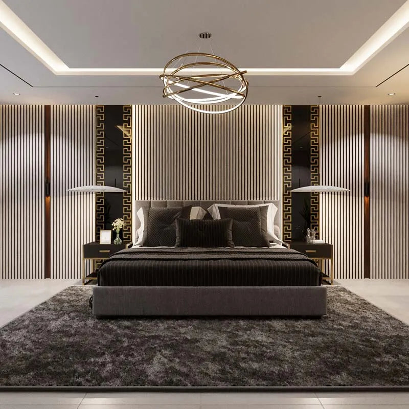 Siberian Wood Slat Wall Panelling in bedrom interior 300x60 cm DecorMania UK