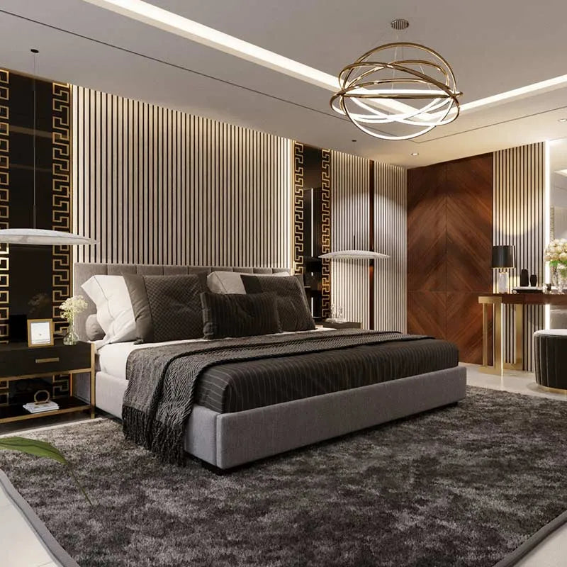 Siberian Wood Slat Wall Panelling in bedroom interior 300x60 cm DecorMania UK