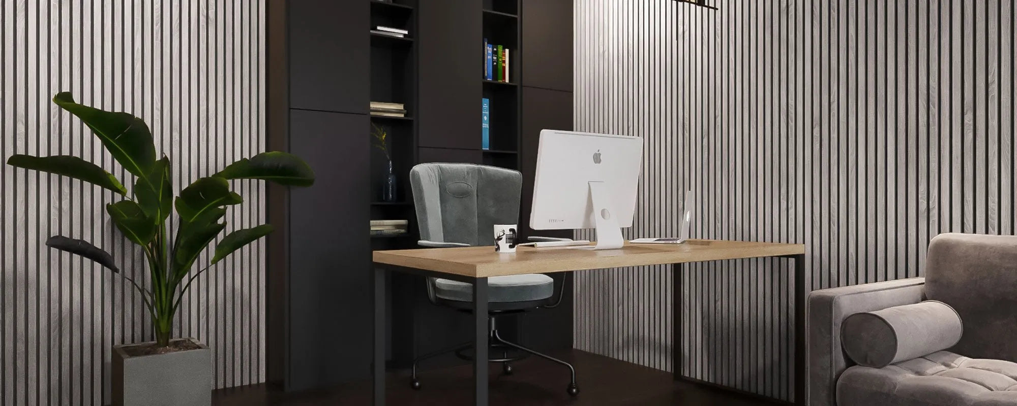 Siberian Wood Slat Wall Panelling in office interior 300x60 cm DecorMania UK