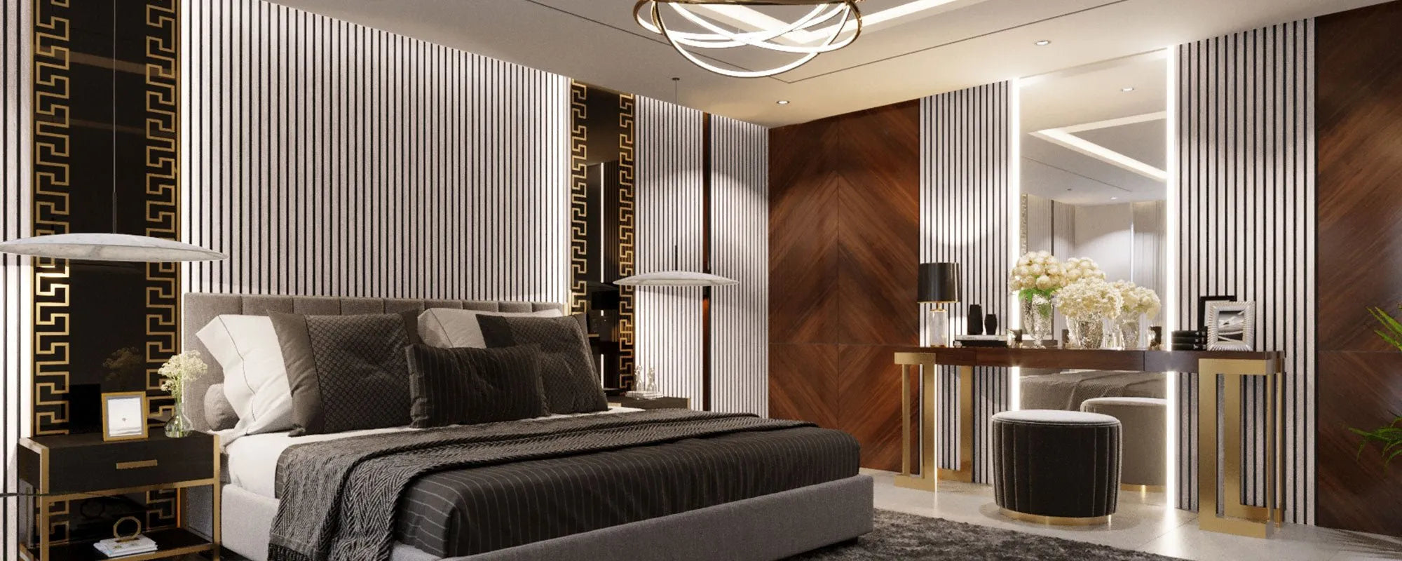 Siberian Wood Slat Wall Panelling in bedroom interior 300x60 cm DecorMania UK