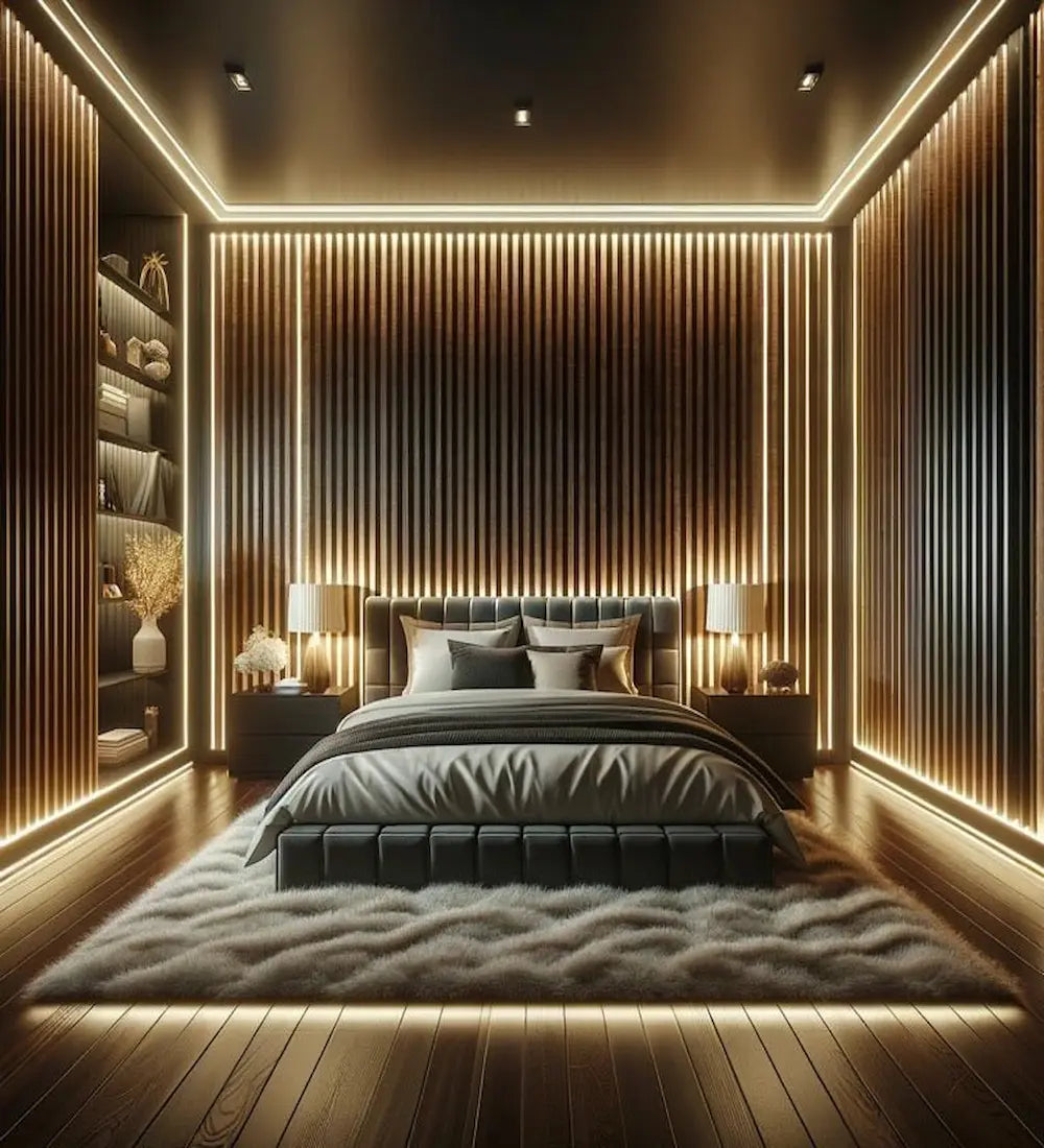 Interior bedroom with LED light stripes DecorMania UK 