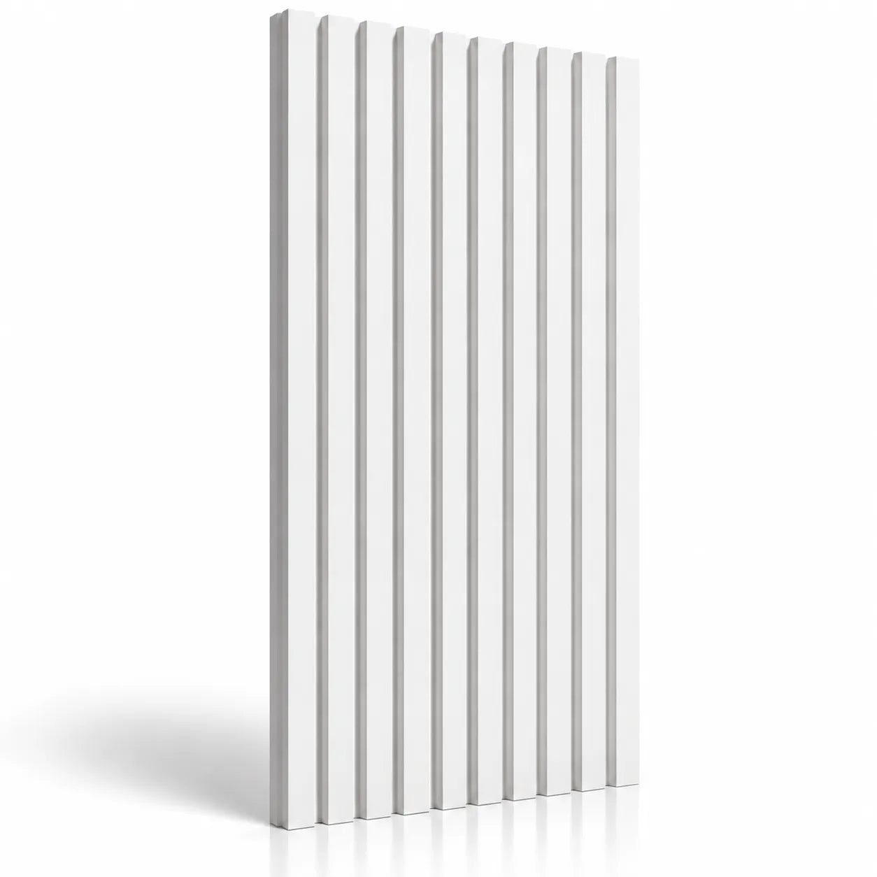 White Slats 3D gypsum wall panel with vertical ridges, a soft shadow and reflection on a white background