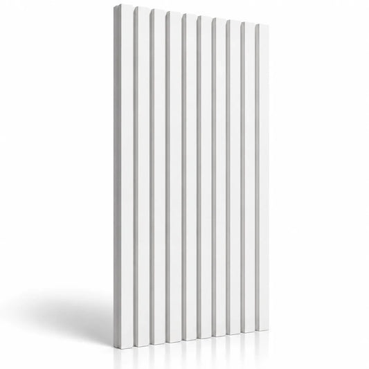 White Slats 3D gypsum wall panel with vertical ridges, a soft shadow and reflection on a white background