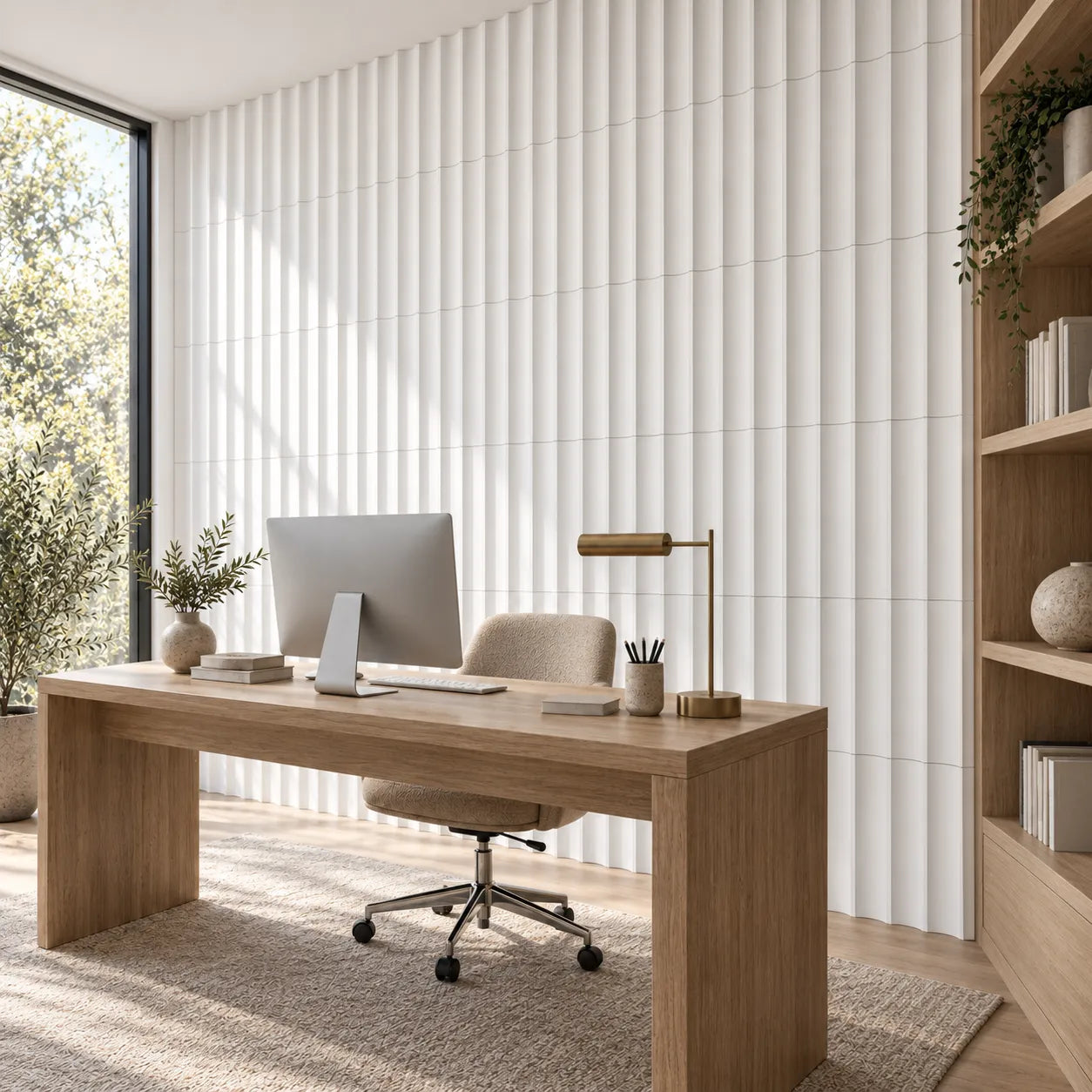 Angled view of white Slats 3D gypsum wall panels behind a wooden desk in a bright home office