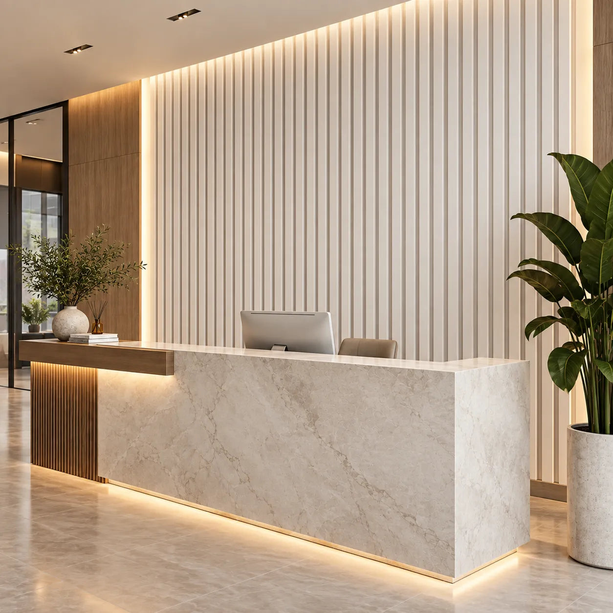 Angled view of white Slats 3D gypsum wall panels behind a hotel reception desk with warm lighting