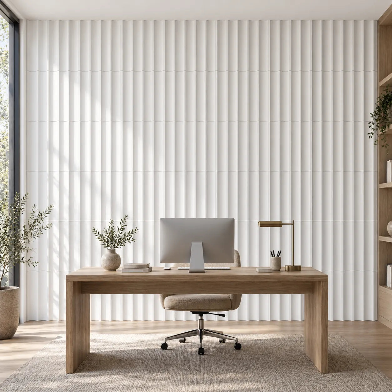 Front view of white Slats 3D gypsum wall panels in a home office with a wooden desk and beige chair