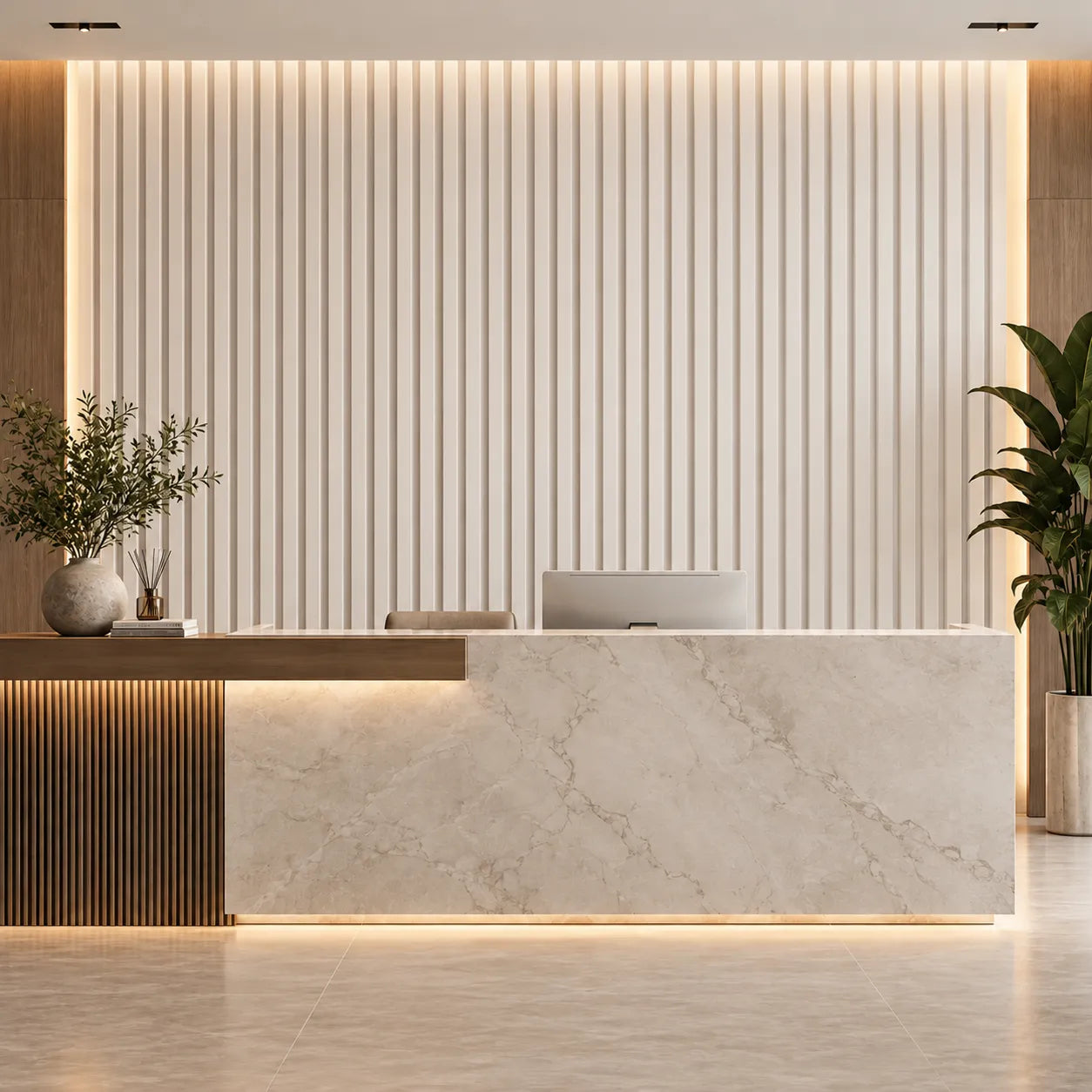 Front view of white Slats 3D gypsum wall panels behind a stone and wood hotel reception desk