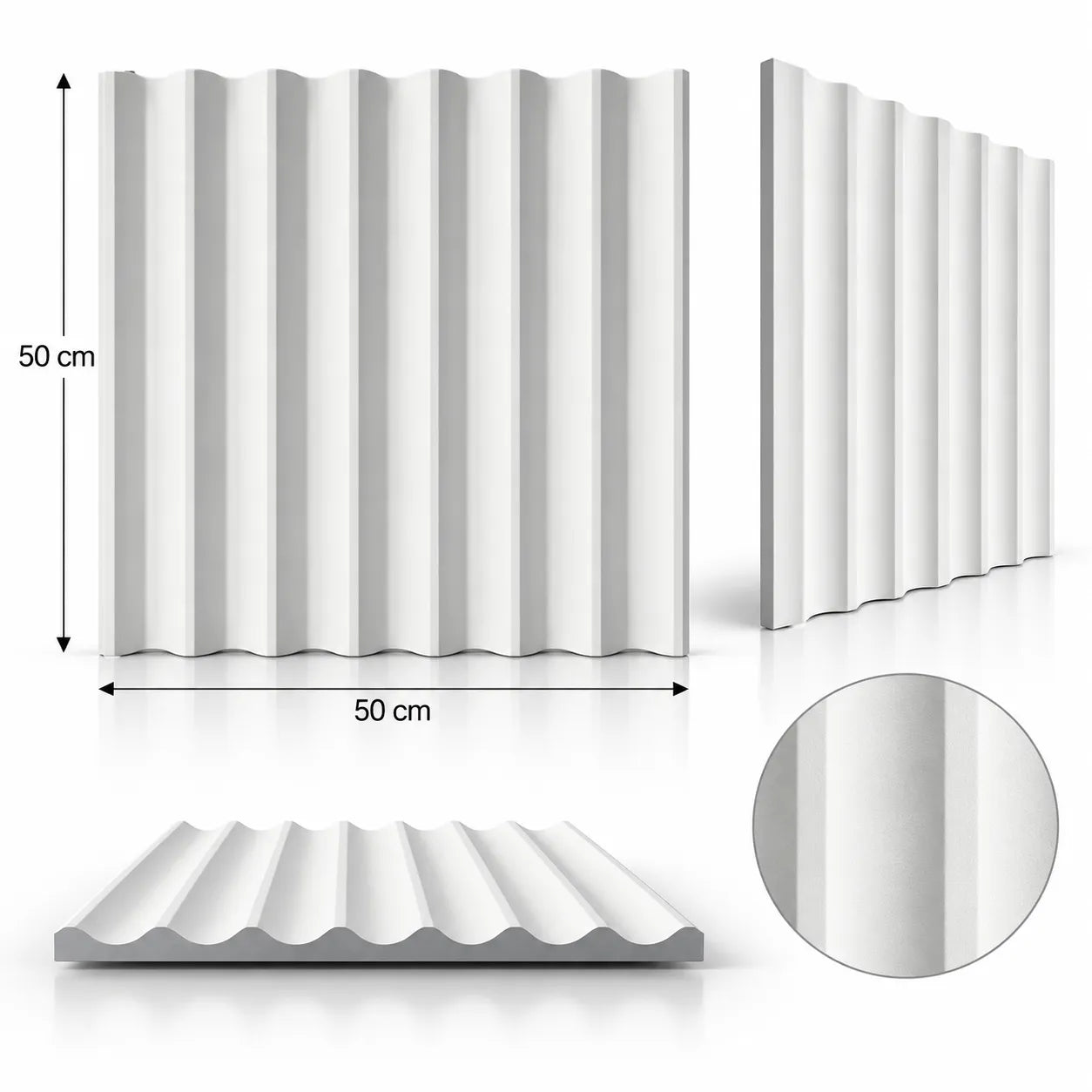 Slats 3D gypsum wall panel showing 50 x 50 cm dimensions, multiple views and a close view of the surface texture