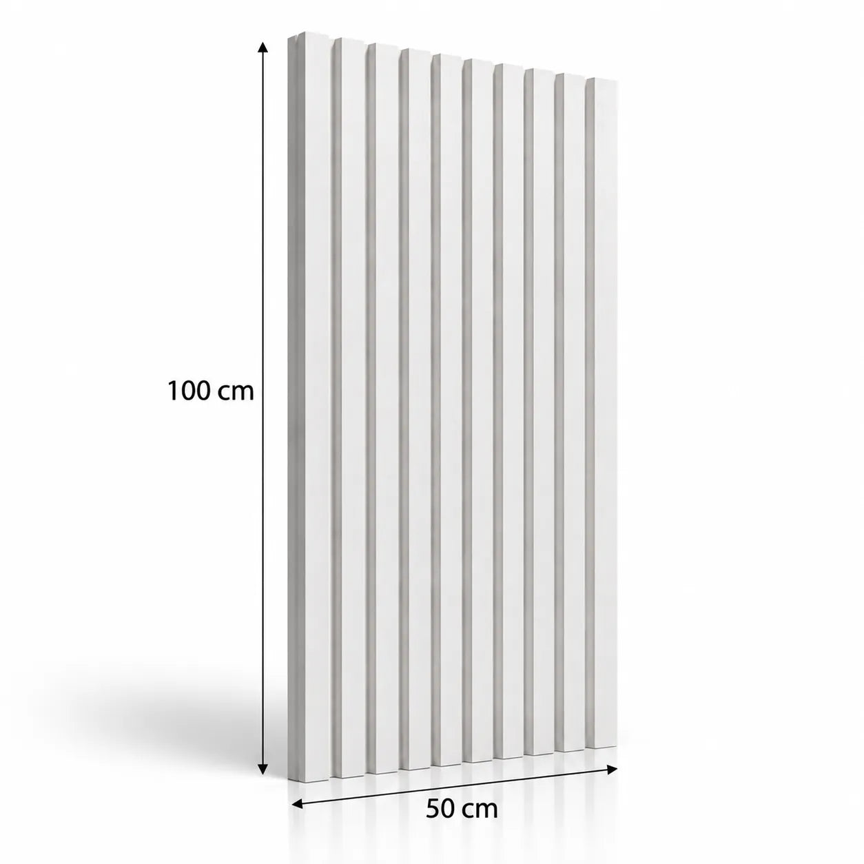 White Slats 3D gypsum wall panel with dimension arrows showing 100 cm height and 50 cm width