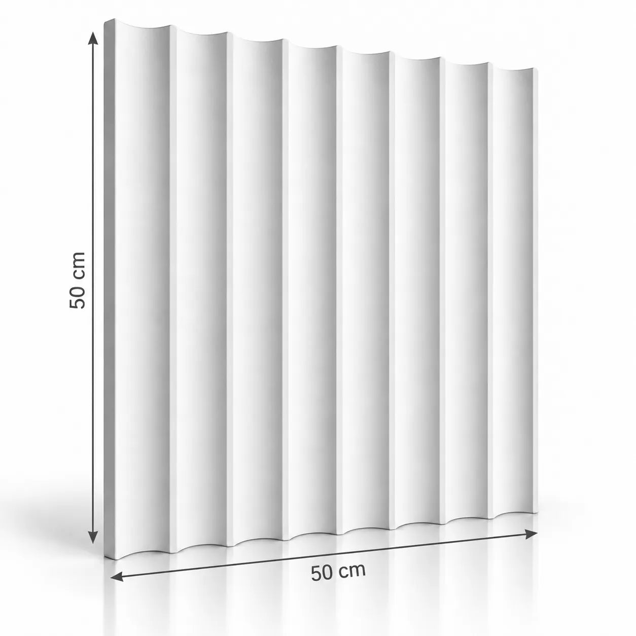 White Slats 3D gypsum wall panel with arrows indicating 50 cm height and 50 cm width