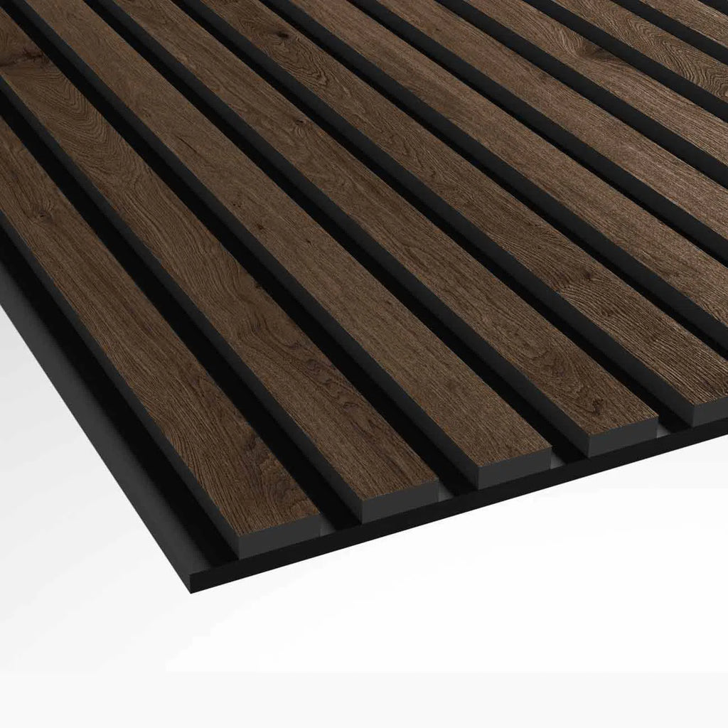 Smoked Oak Acoustic Wood Slat Wall Panel closeup DecorMania UK
