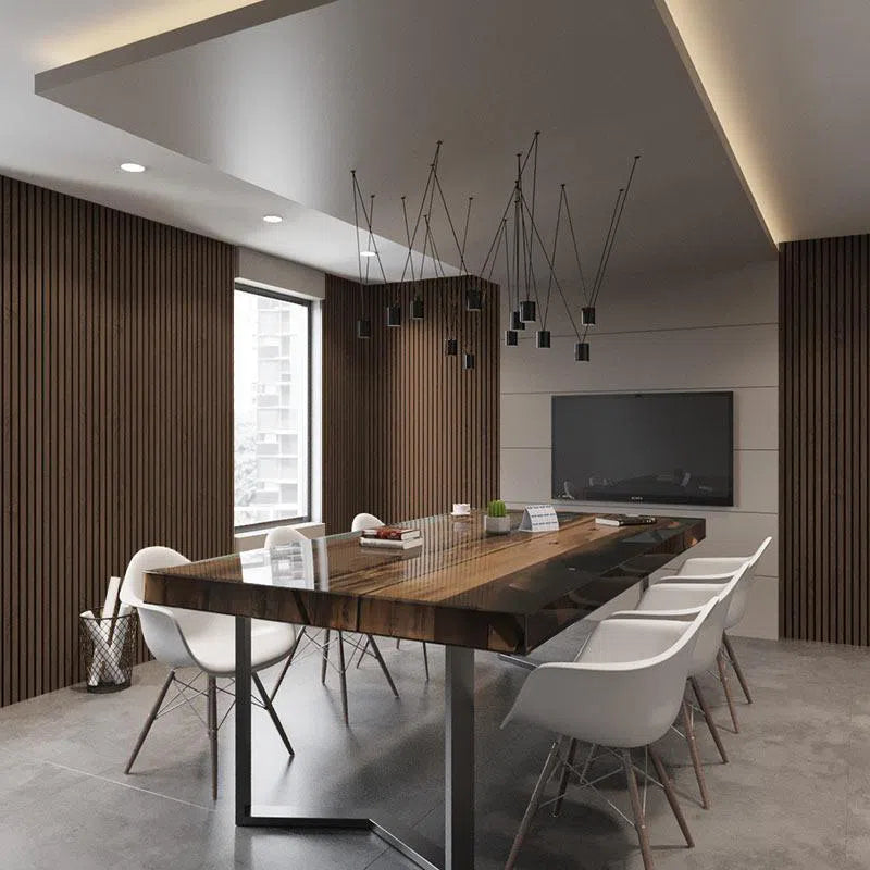 Smoked Oak Acoustic Wood Slat Wall Panel in dining room interior DecorMania UK