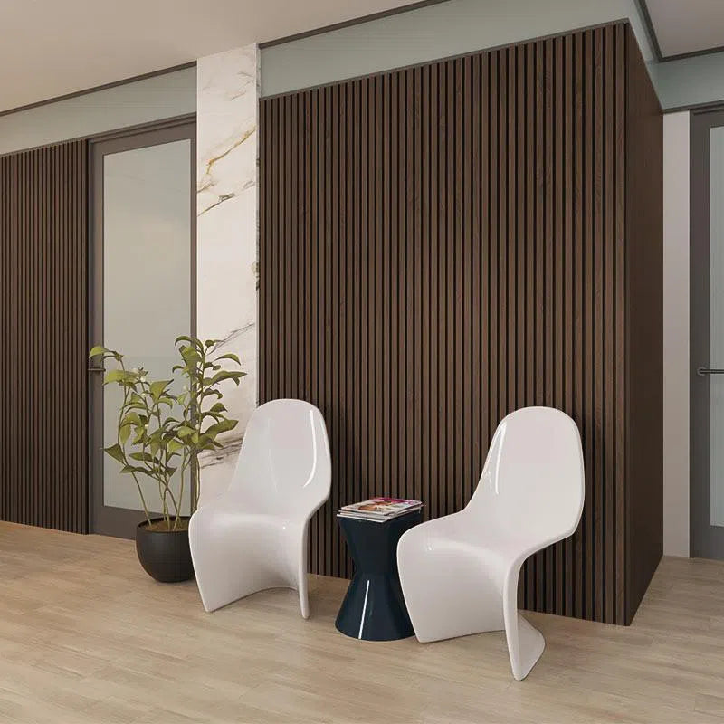 Smoked Oak Acoustic Wood Slat Wall Panel in sitting room area DecorMania UK