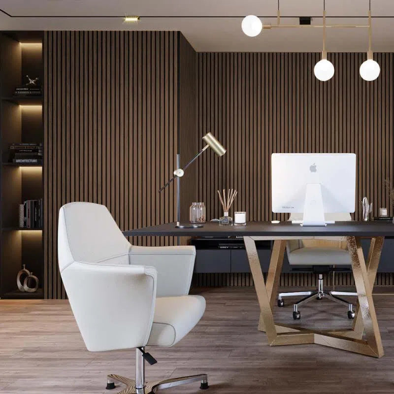 Smoked Oak Acoustic Wood Slat Wall Panel in office interior DecorMania UK