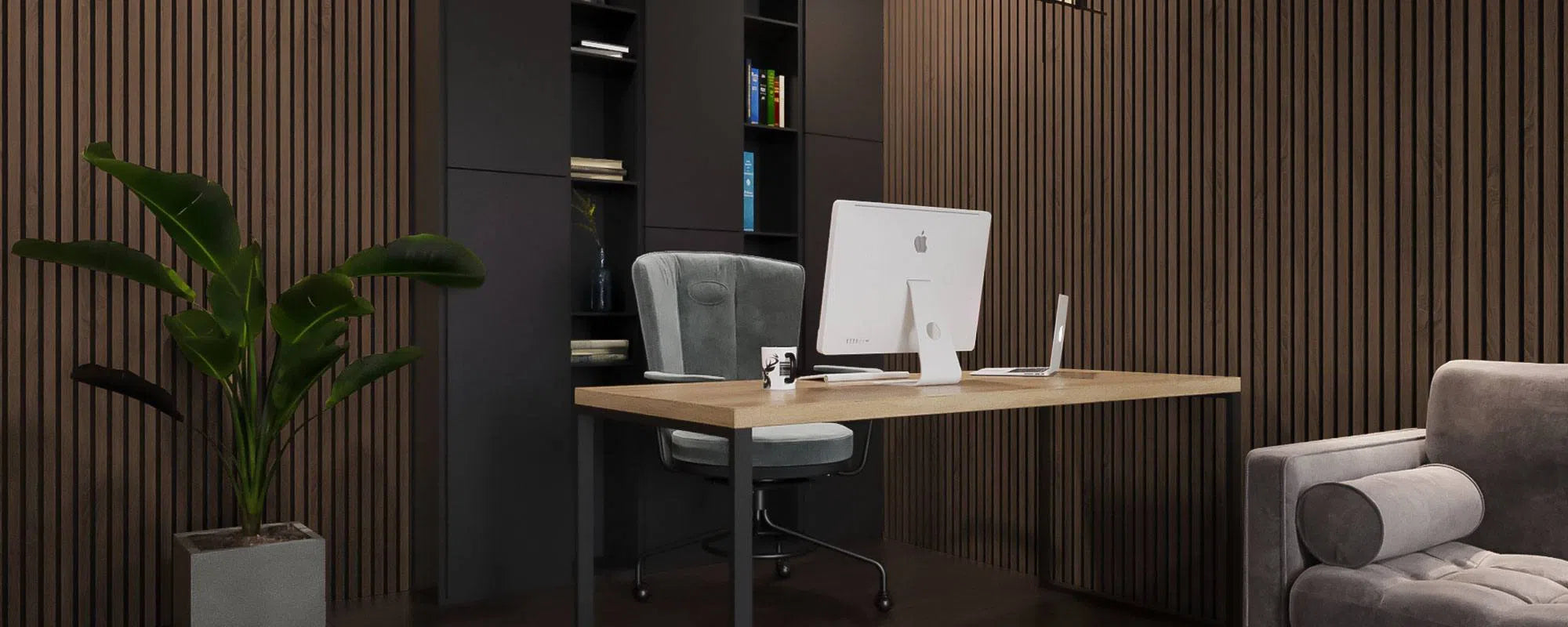 Smoked Oak Acoustic Wood Slat Wall Panel in office interior DecorMania UK