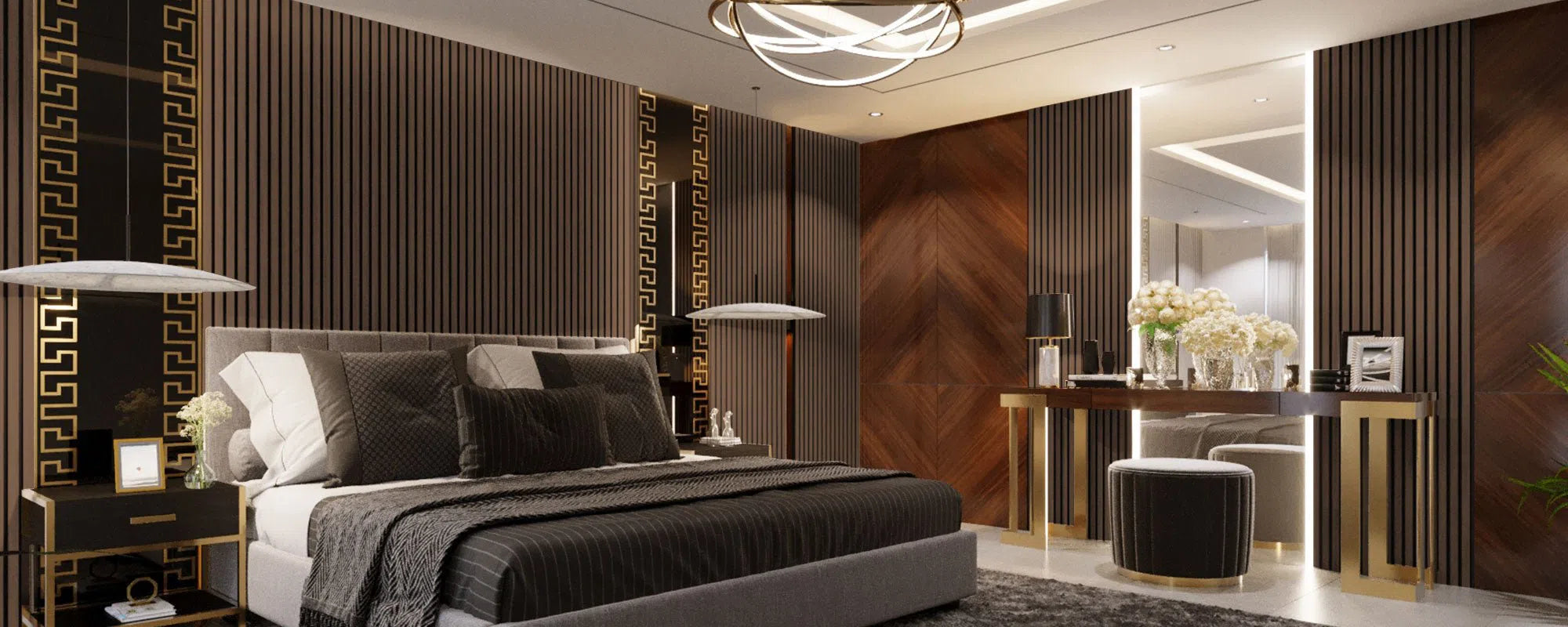 Smoked Oak Acoustic Wood Slat Wall Panel in bedroom interior DecorMania UK