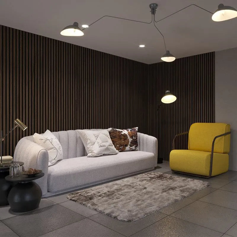 Smoked Oak Wood Slat Wall Panelling – 300x60 cm in living room interior DecorMania UK