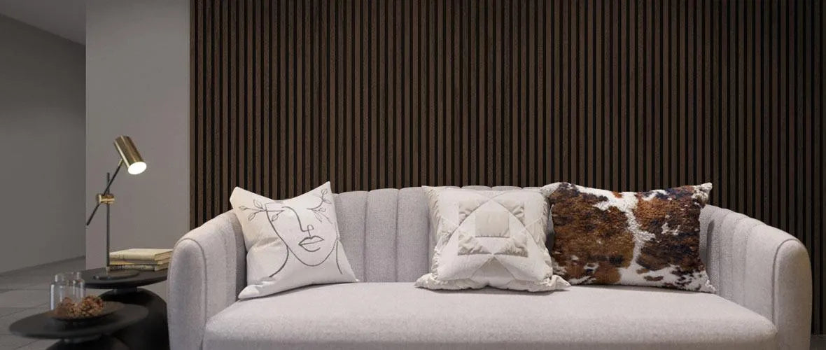 Smoked Oak Wood Slat Wall Panelling – 300x60 cm in living room interior DecorMania UK