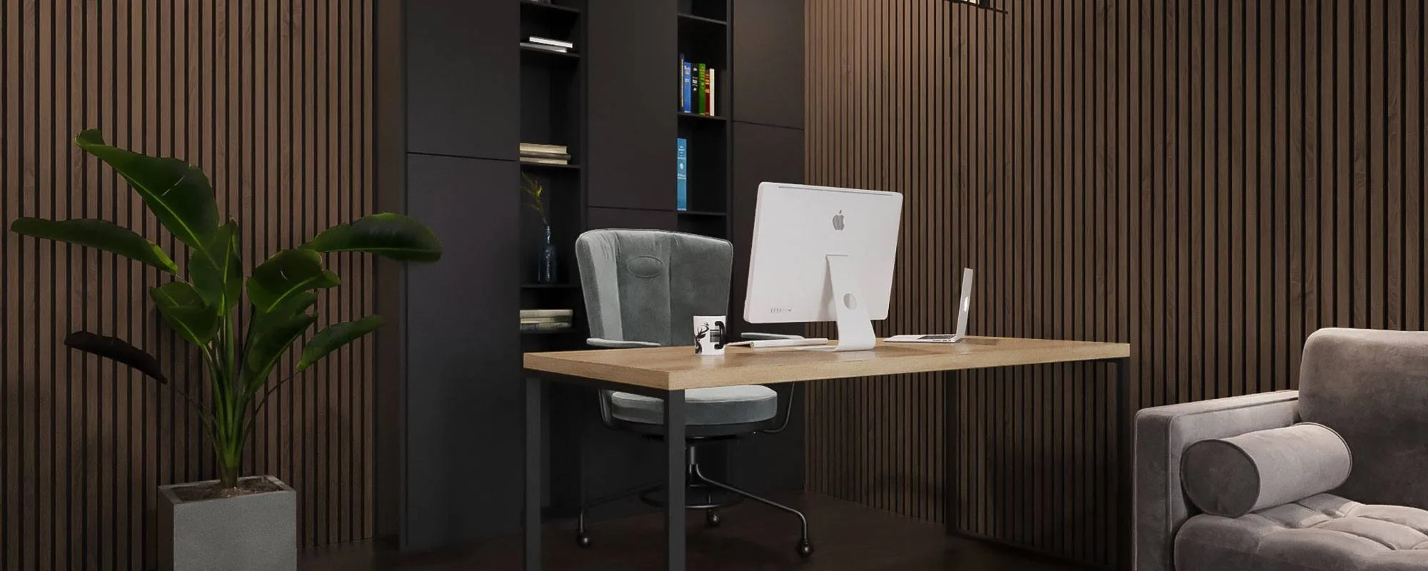 Smoked Oak Wood Slat Wall Panelling – 300x60 cm in office interior DecorMania UK
