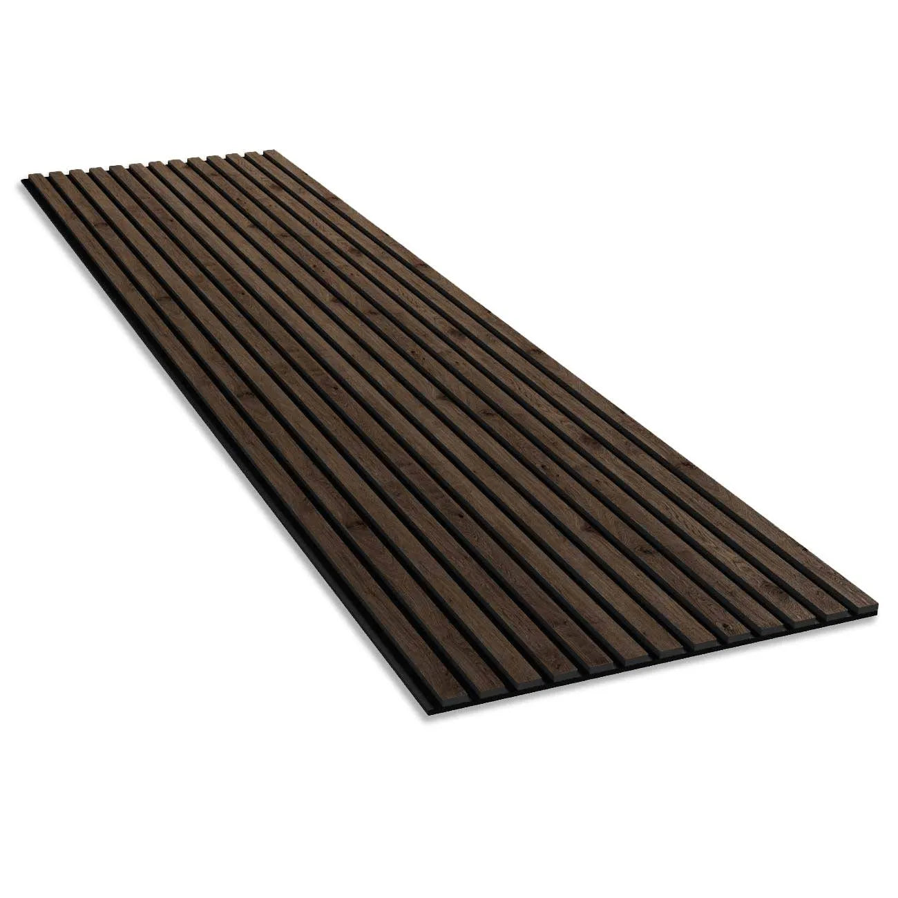 Smoked Oak Wood Slat Wall Panelling – 300x60 cm on white background 
DecorMania UK