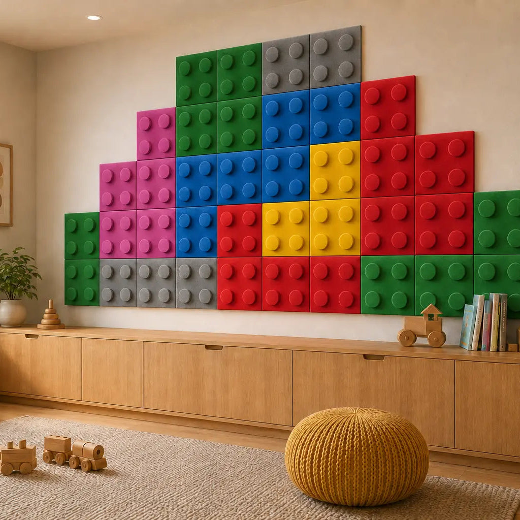 Multicoloured velour-covered foam wall panels with four circular studs, arranged above wooden storage in a modern playroom.