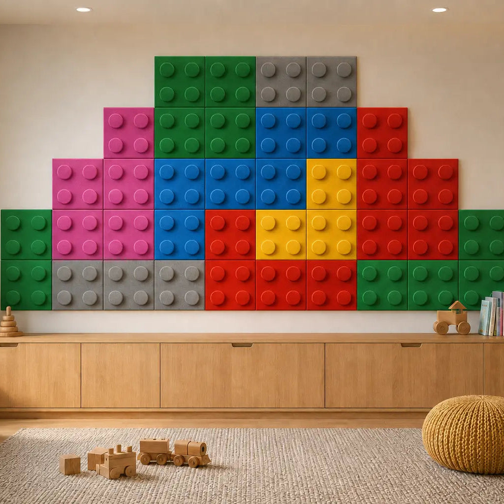 Colourful 25 × 25 cm polyurethane foam wall panels with a soft velour finish and four raised studs in a children’s playroom