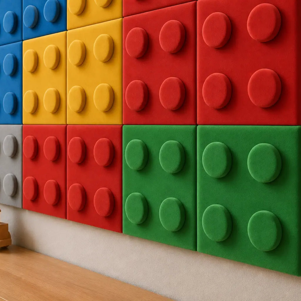 Close-up of colourful 25 × 25 cm polyurethane foam panels showing their smooth velour texture and four cushioned studs