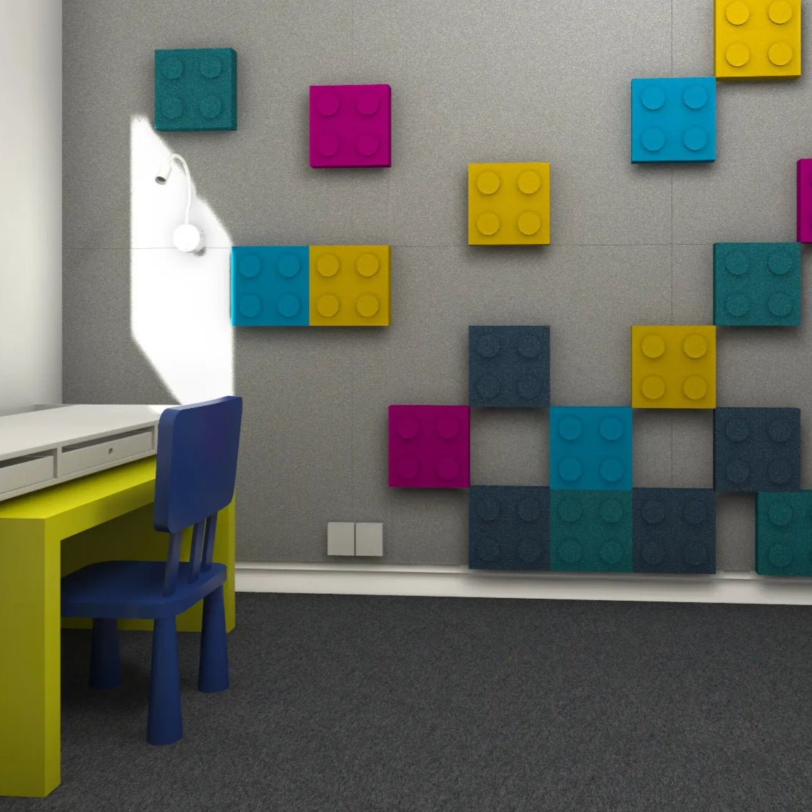 Soft Foam Wall Panels - BUILDING BLOCKS For Kids 25x25 in grey interior cropped DecorMania UK