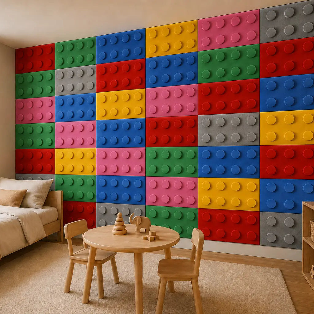 Multicoloured velour-covered foam panels with eight circular studs forming a full feature wall in a children’s room