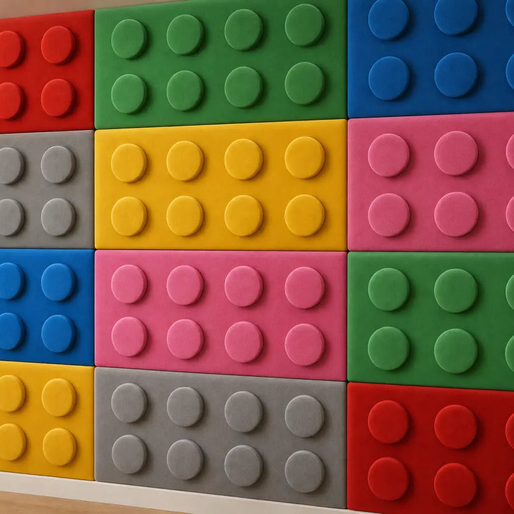 Close-up of colourful 25 × 50 cm polyurethane foam panels showing the soft velour surface and eight padded studs