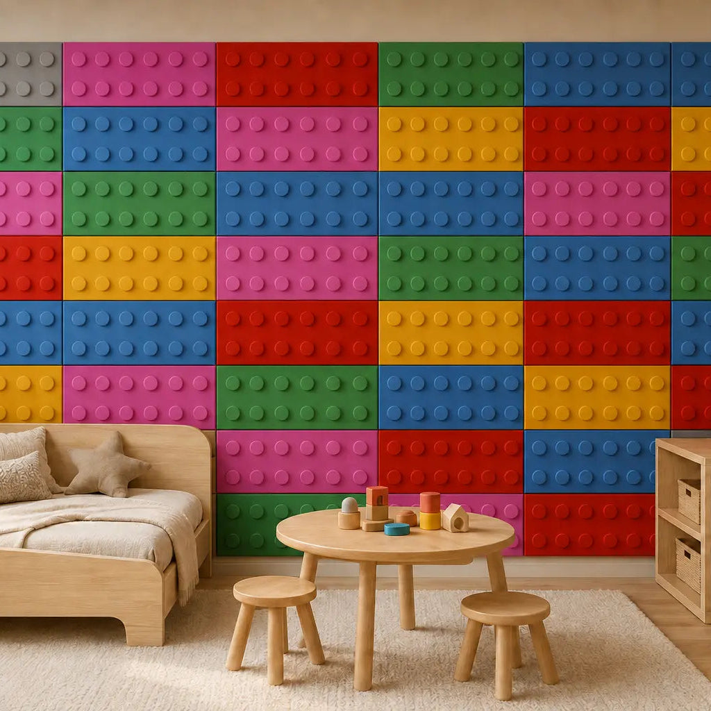 Front view of a children’s room featuring colourful 25 × 75 cm polyurethane foam wall panels with a soft velour finish and raised circular details