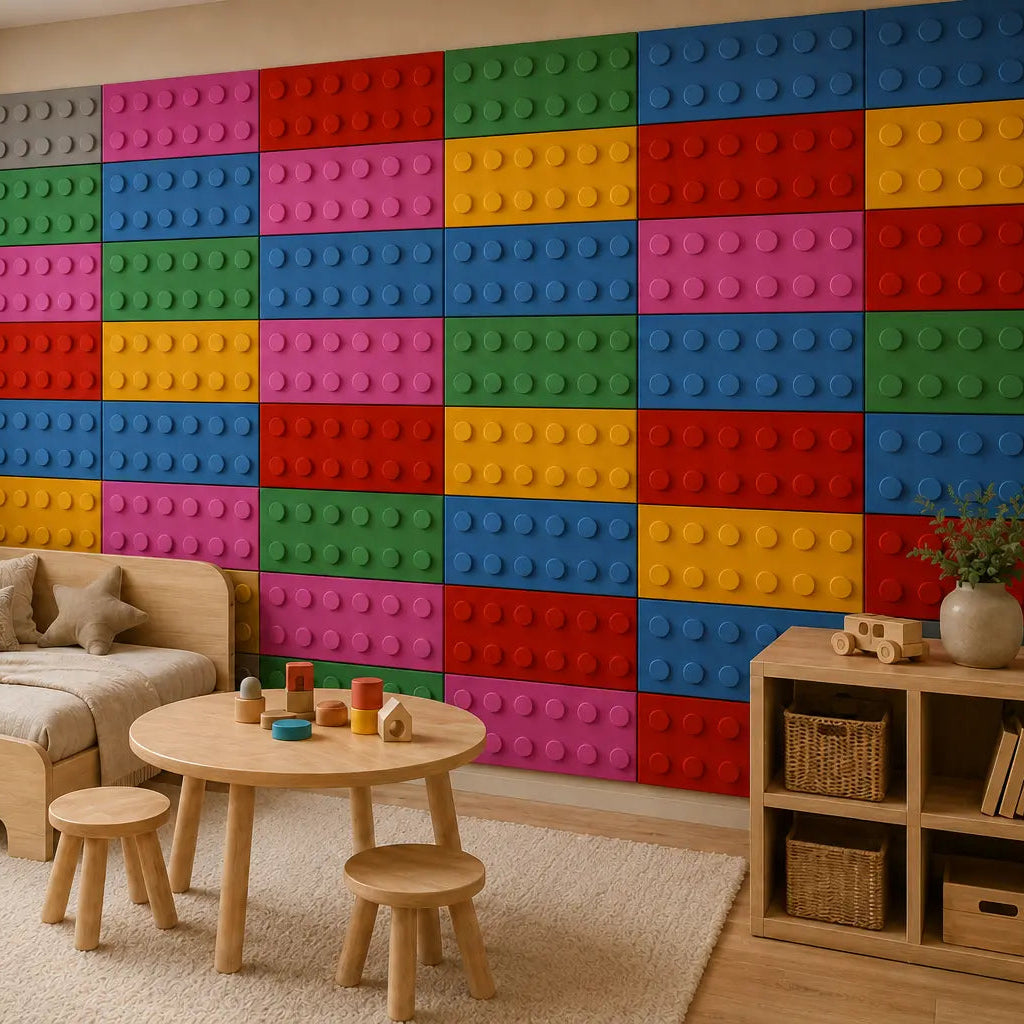 Children’s room viewed at a 45-degree angle from the right, with colourful velour-finished foam panels arranged in a regular grid across the feature wall