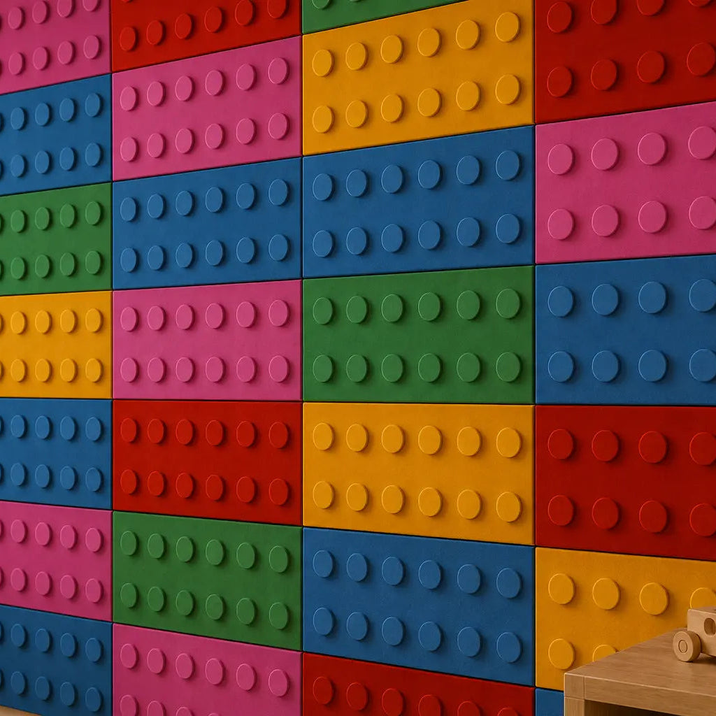 Close-up of colourful polyurethane foam wall panels with a velour texture, showing raised circular reliefs, precise joints and the 25 × 75 cm modular design