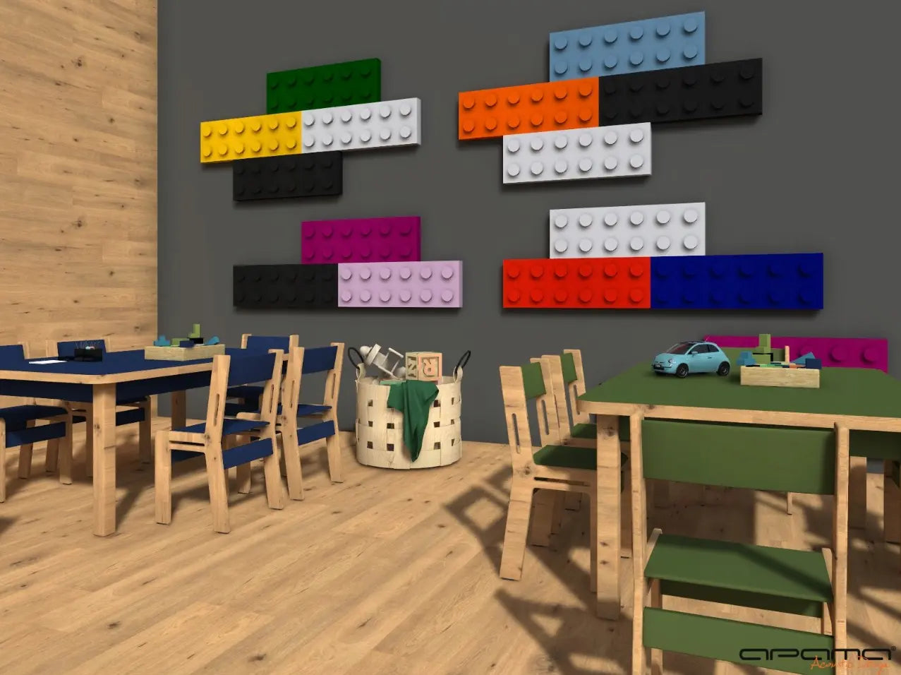 Soft Foam Wall Panels - BUILDING BLOCKS For Kids 25x75 on grey wall in preschool interior DecorMania UK