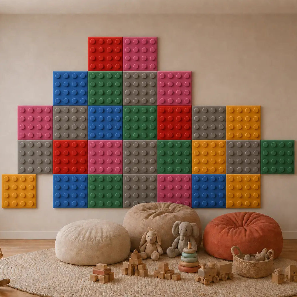 Colourful polyurethane foam wall panels with a soft velour finish and building-block design in a cosy children’s playroom